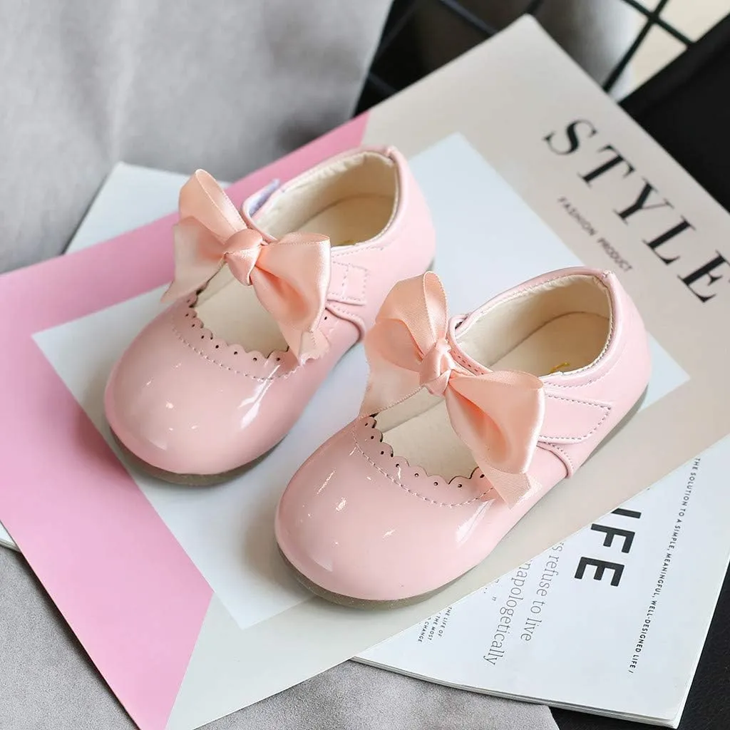 Toddler Girls Leather Mary Jane Shoes with Bow Strap Sole Rubber Ankle Closed Toe Sandals Loafers Lightweight Comfy