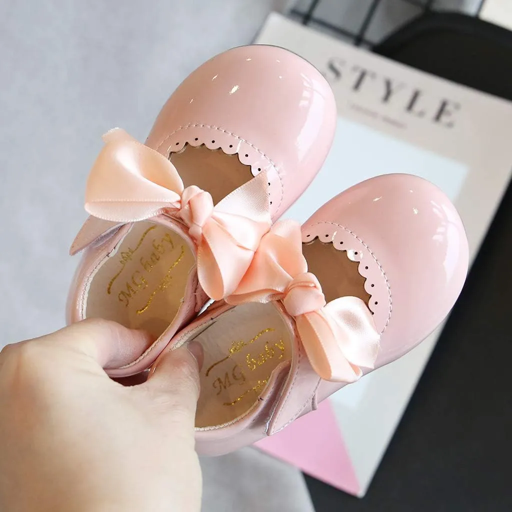 Toddler Girls Leather Mary Jane Shoes with Bow Strap Sole Rubber Ankle Closed Toe Sandals Loafers Lightweight Comfy