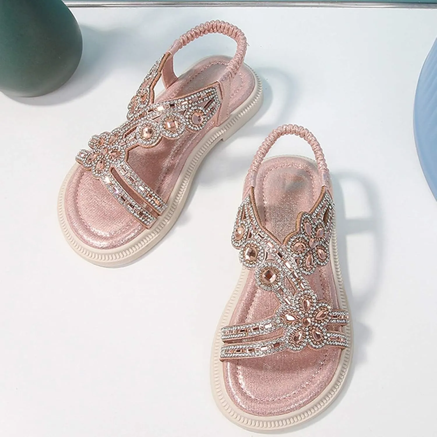 Toddler Girls Sequins Sandals Fancy Rhinestone Open Toe Formal Dress Shoes Non Slip Princess Sandals Kids Elegant Flat Sandal