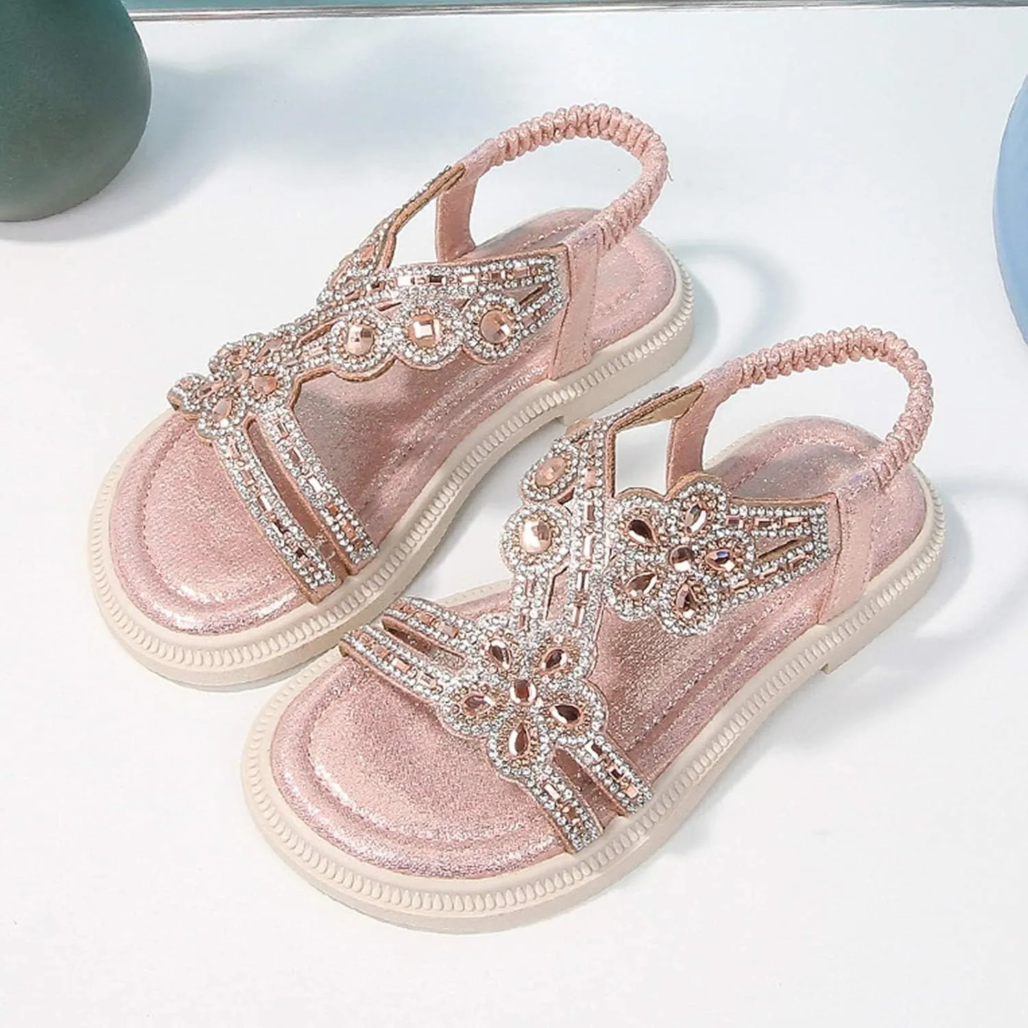 Toddler Girls Sequins Sandals Fancy Rhinestone Open Toe Formal Dress Shoes Non Slip Princess Sandals Kids Elegant Flat Sandal
