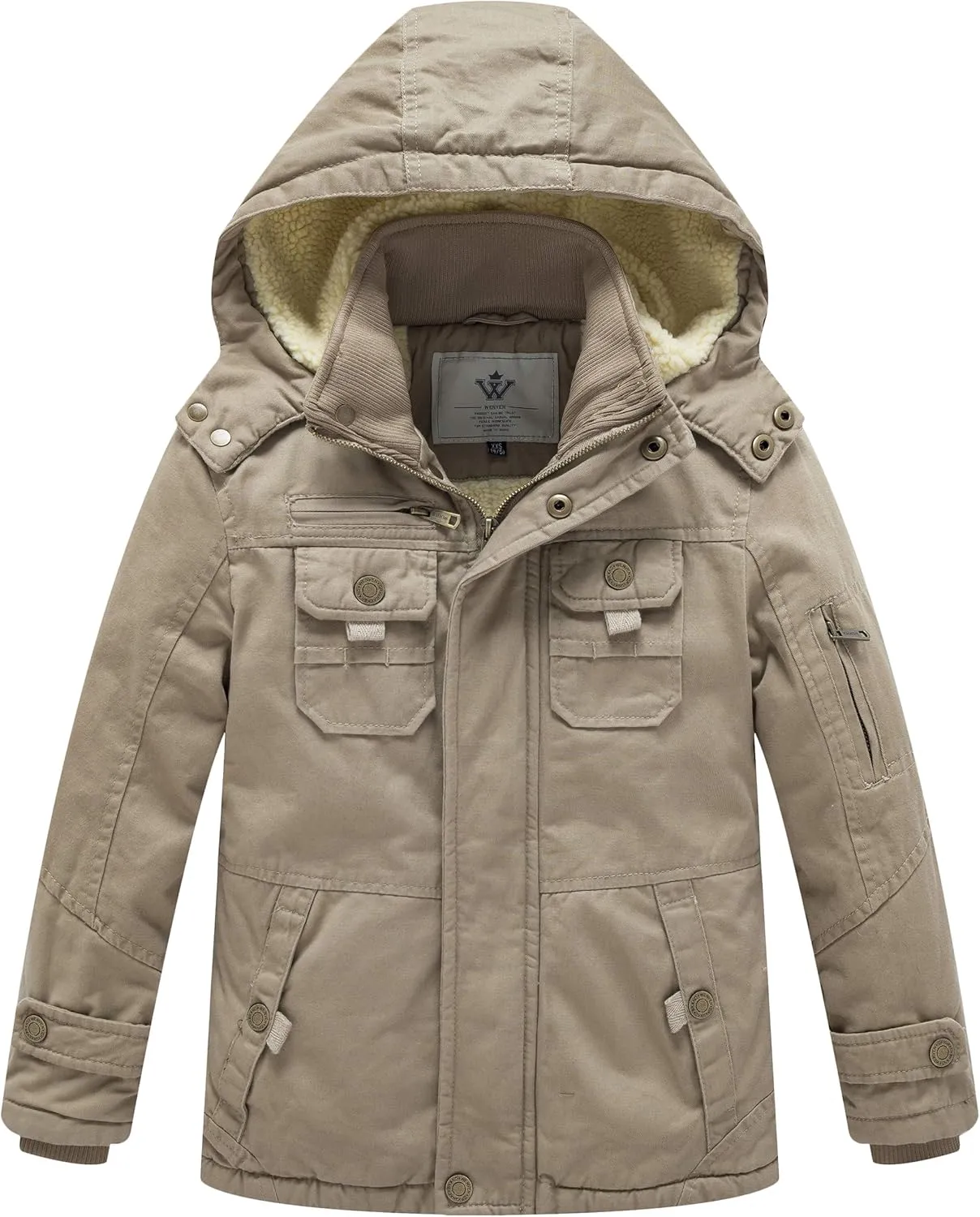 WenVen Boy's Winter Sherpa Jacket Heavy Twill Cotton Military Coat with Hood