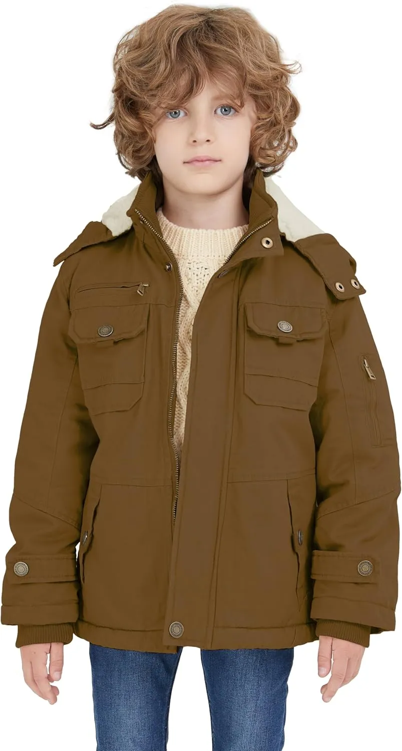 WenVen Boy's Winter Sherpa Jacket Heavy Twill Cotton Military Coat with Hood