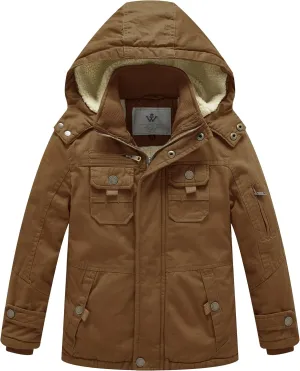 WenVen Boy's Winter Sherpa Jacket Heavy Twill Cotton Military Coat with Hood