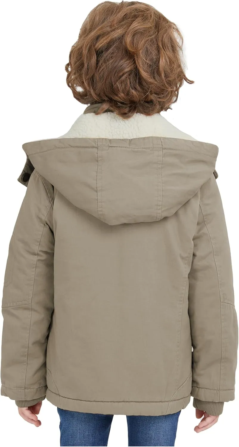 WenVen Boy's Winter Sherpa Jacket Heavy Twill Cotton Military Coat with Hood