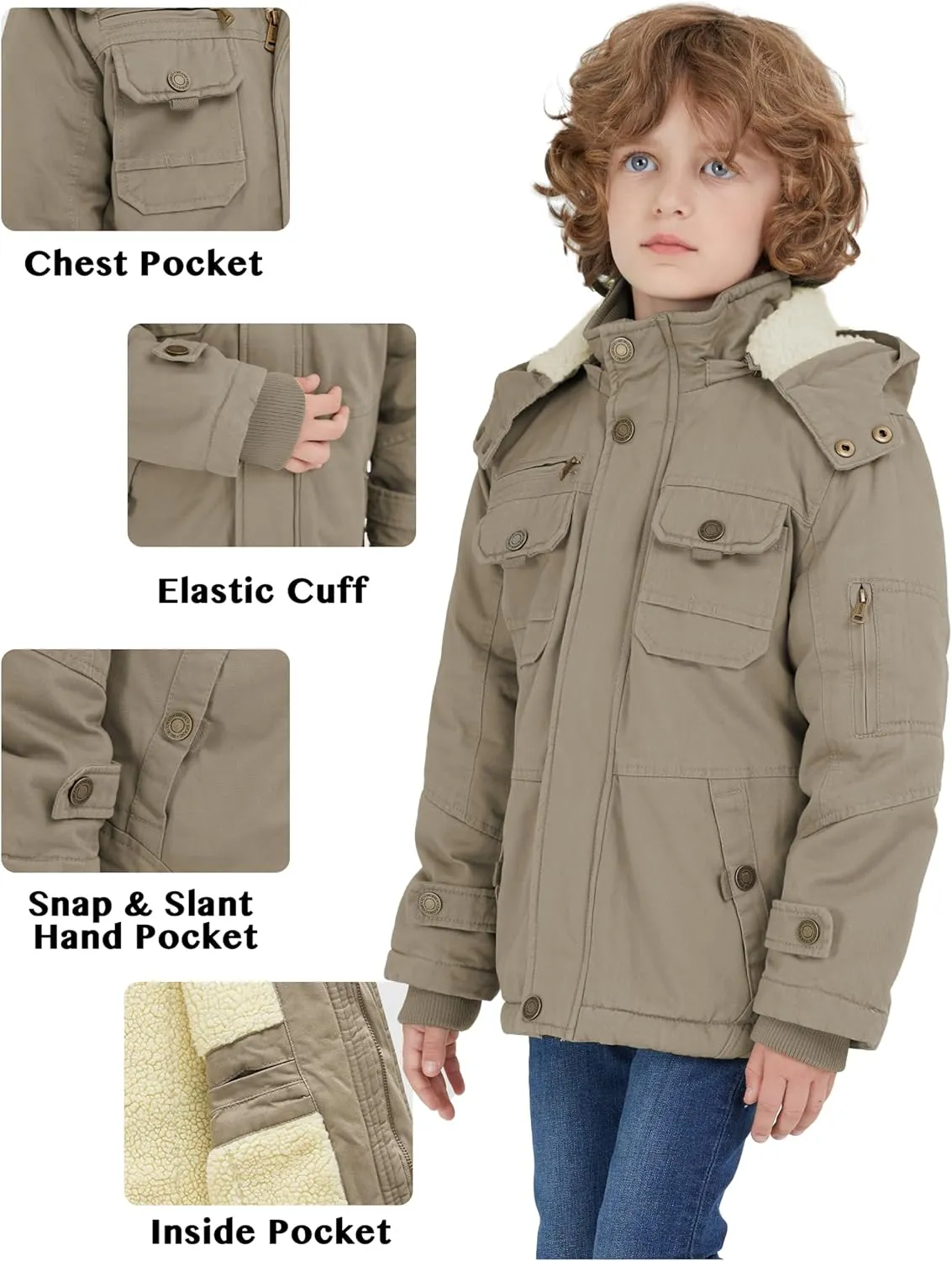 WenVen Boy's Winter Sherpa Jacket Heavy Twill Cotton Military Coat with Hood