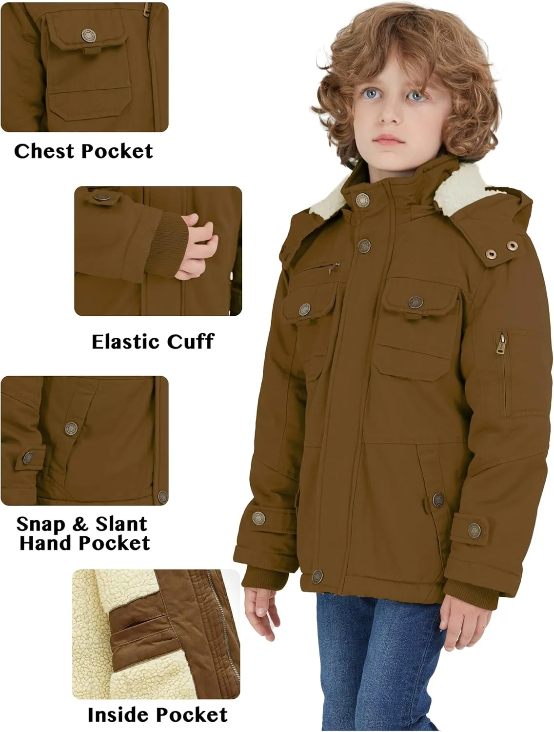 WenVen Boy's Winter Sherpa Jacket Heavy Twill Cotton Military Coat with Hood