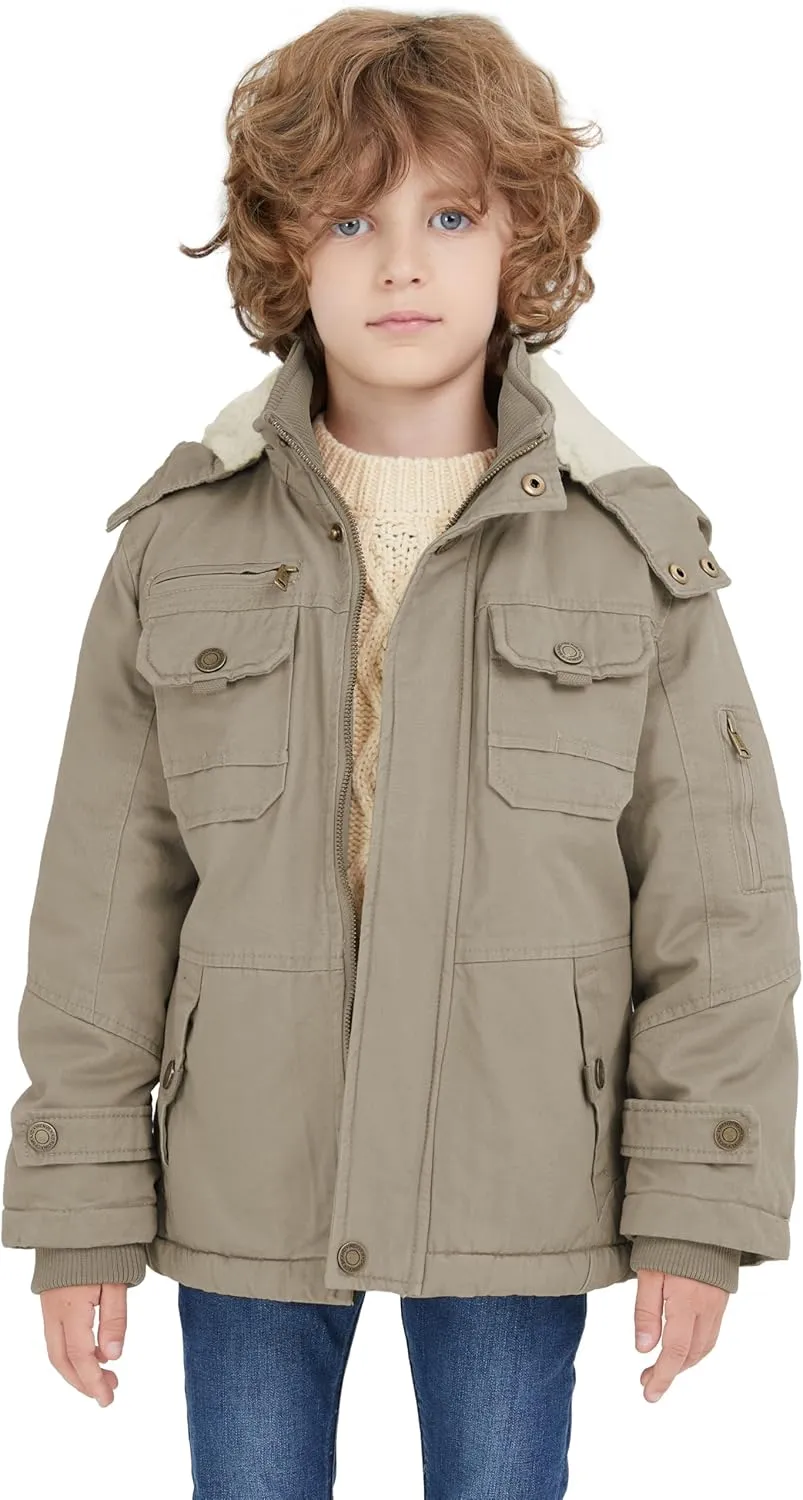 WenVen Boy's Winter Sherpa Jacket Heavy Twill Cotton Military Coat with Hood