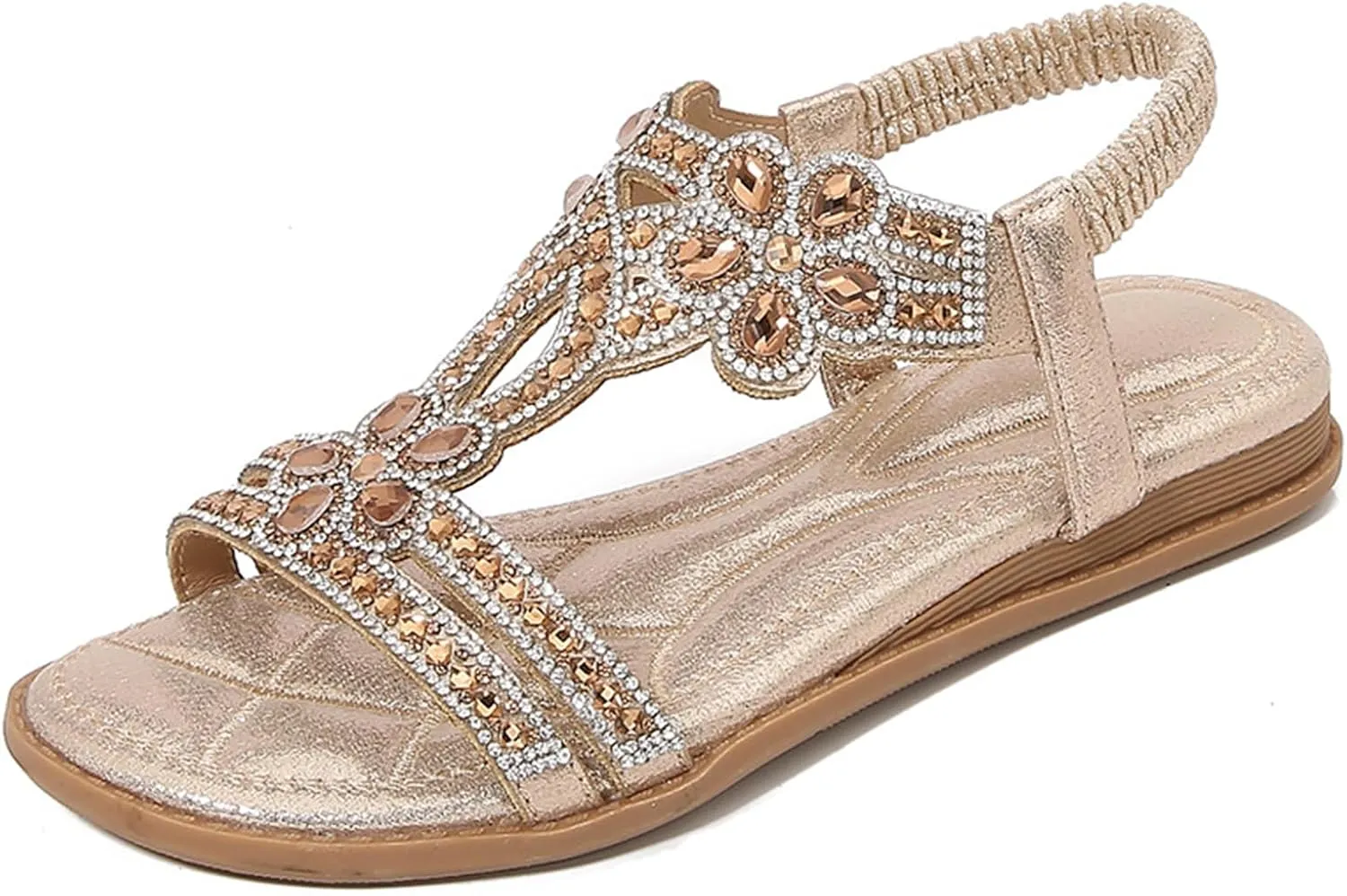 Women Rhinestone Sandals T-Strap Bohemian Pearl Crystal Flat Sandals Trendy Sparkling Dress Beach Shoes Beautiful Ladies' Elegant Flat Sandal for Summer