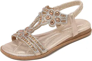 Women Rhinestone Sandals T-Strap Bohemian Pearl Crystal Flat Sandals Trendy Sparkling Dress Beach Shoes Beautiful Ladies' Elegant Flat Sandal for Summer