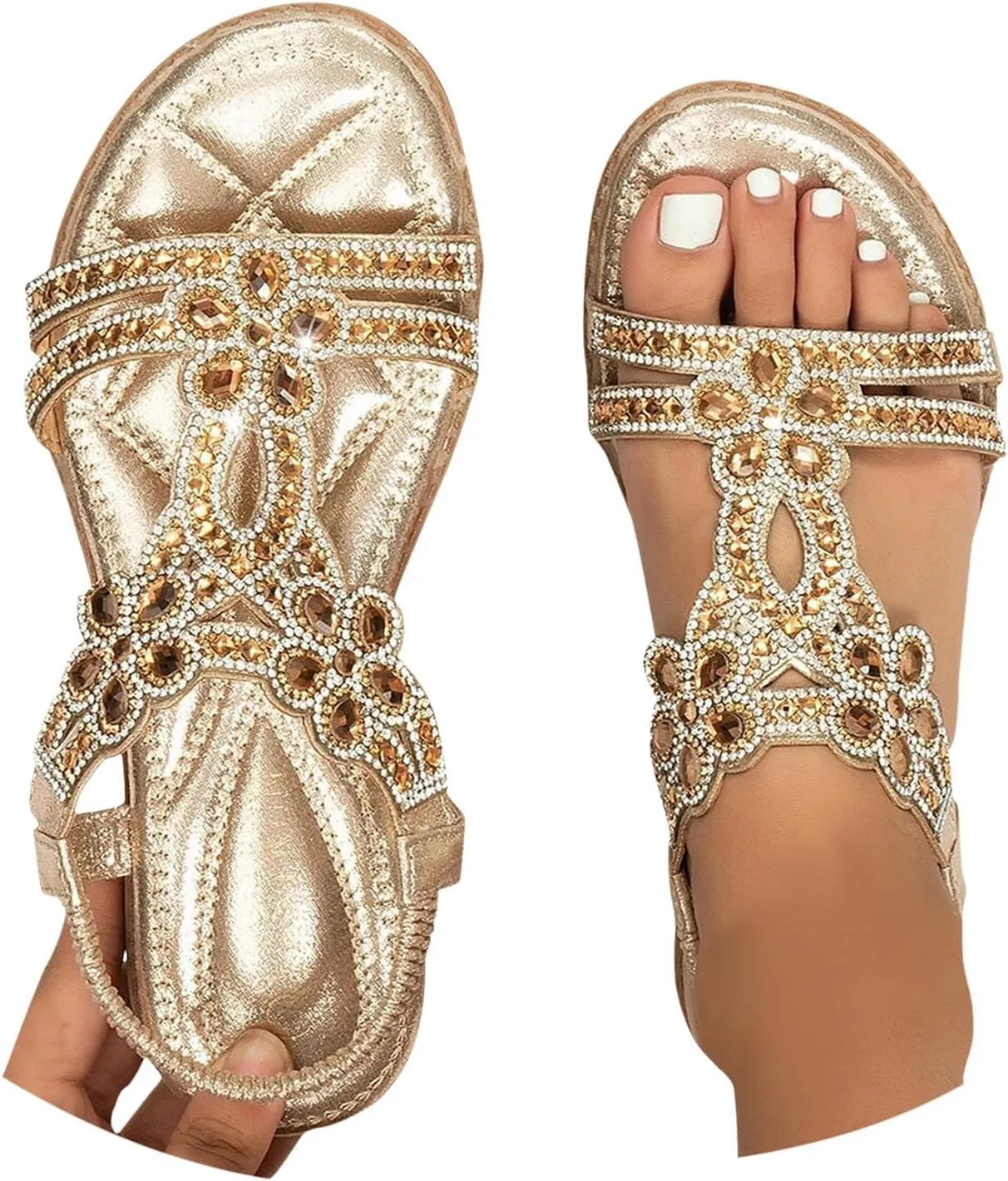 Women Rhinestone Sandals T-Strap Bohemian Pearl Crystal Flat Sandals Trendy Sparkling Dress Beach Shoes Beautiful Ladies' Elegant Flat Sandal for Summer