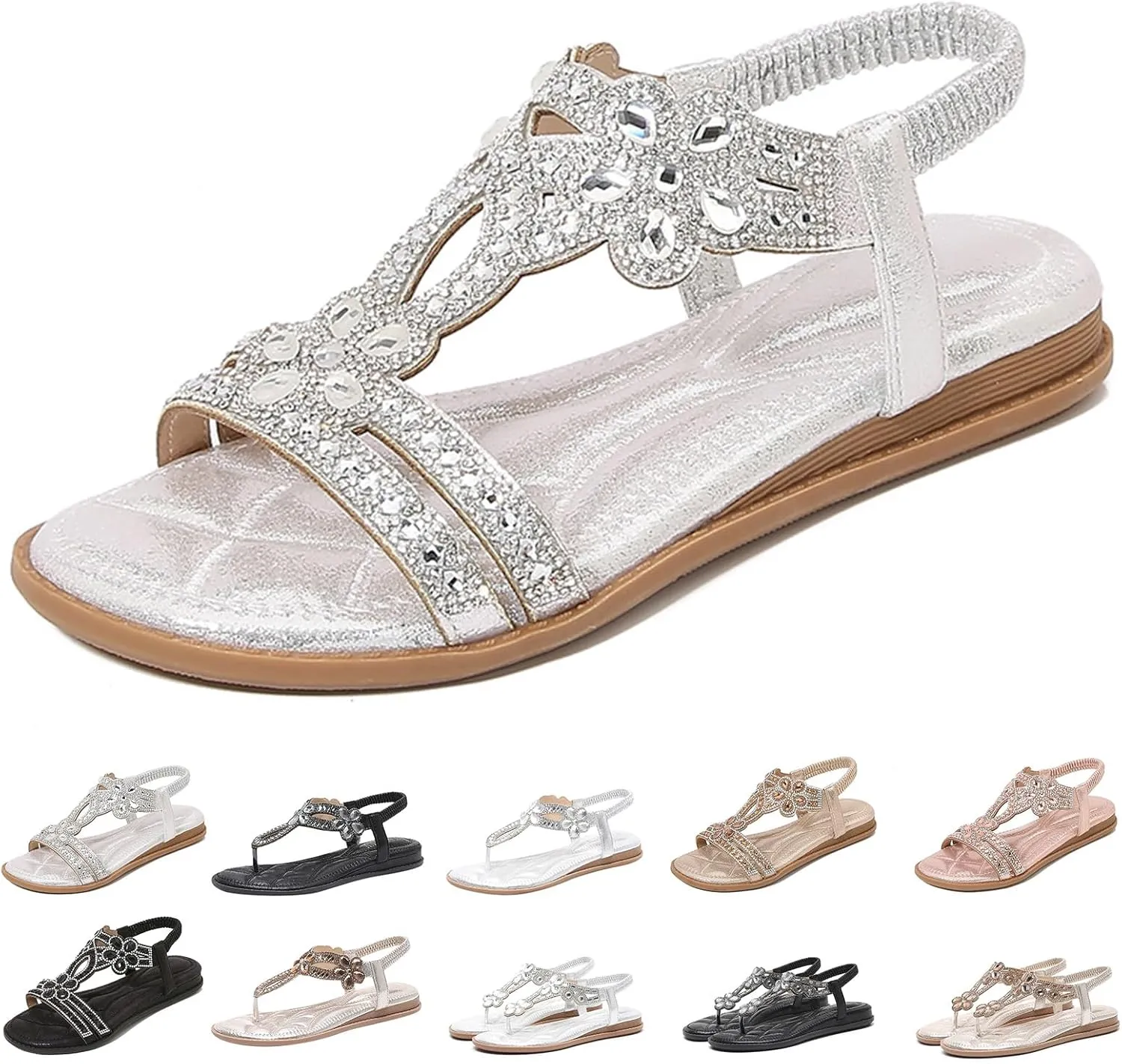 Women Rhinestone Sandals Trendy Sparkling Boho Ladies' Flat Sandals Elastic Ankle Back Strap Walking Shoes Elegant Pearl Crystal Clip Toe Sandal for Everyday Elegance