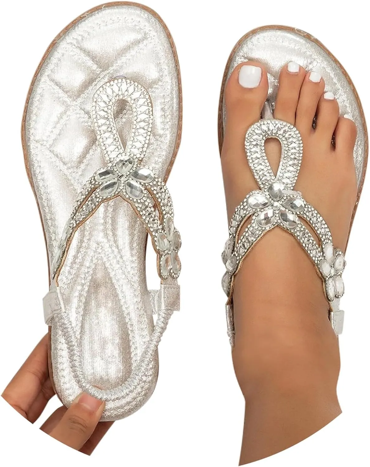 Women Rhinestone Sandals Trendy Sparkling Boho Ladies' Flat Sandals Elastic Ankle Back Strap Walking Shoes Elegant Pearl Crystal Clip Toe Sandal for Everyday Elegance