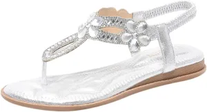 Women Rhinestone Sandals Trendy Sparkling Boho Ladies' Flat Sandals Elastic Ankle Back Strap Walking Shoes Elegant Pearl Crystal Clip Toe Sandal for Everyday Elegance