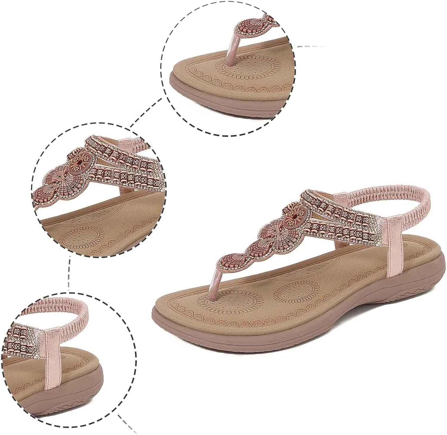 Women's Bohemian Flat Sandals Summer Beach Comfortable Toe Post Elastic Ankle Strap Casual Slippers for Dress and