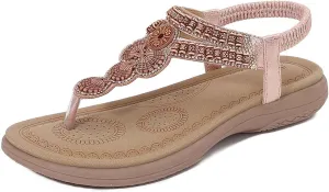 Women's Bohemian Flat Sandals Summer Beach Comfortable Toe Post Elastic Ankle Strap Casual Slippers for Dress and