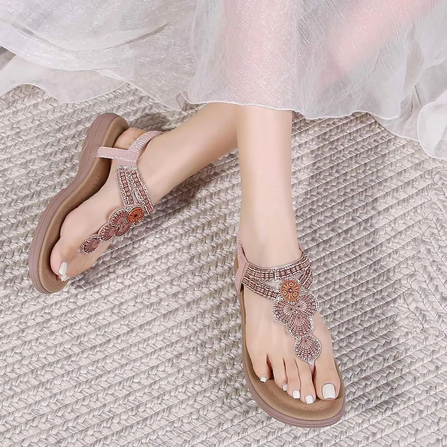 Women's Bohemian Flat Sandals Summer Beach Comfortable Toe Post Elastic Ankle Strap Casual Slippers for Dress and