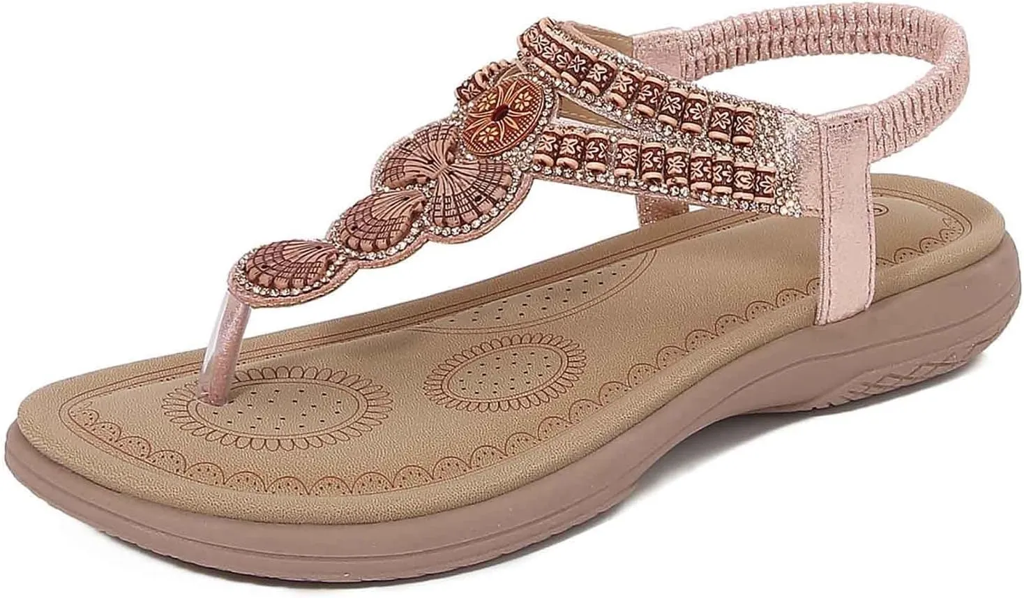 Women's Bohemian Flat Sandals Summer Beach Comfortable Toe Post Elastic Ankle Strap Casual Slippers for Dress and