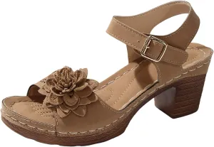 Womens Chunky Heel Dress Shoes Ankle Elastic Strap Elegant Formal Events Arch Support Open Toe Arch Support Comfortable Casual Summer Platform Wedge Slip Heels Shoes with 3D Flowers