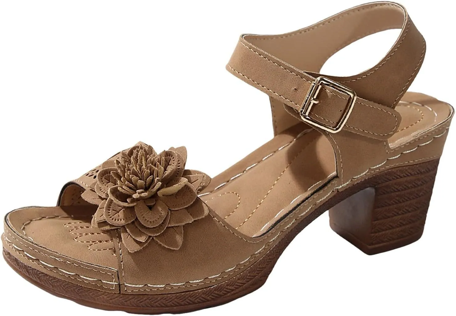 Womens Chunky Heel Dress Shoes Ankle Elastic Strap Elegant Formal Events Arch Support Open Toe Arch Support Comfortable Casual Summer Platform Wedge Slip Heels Shoes with 3D Flowers