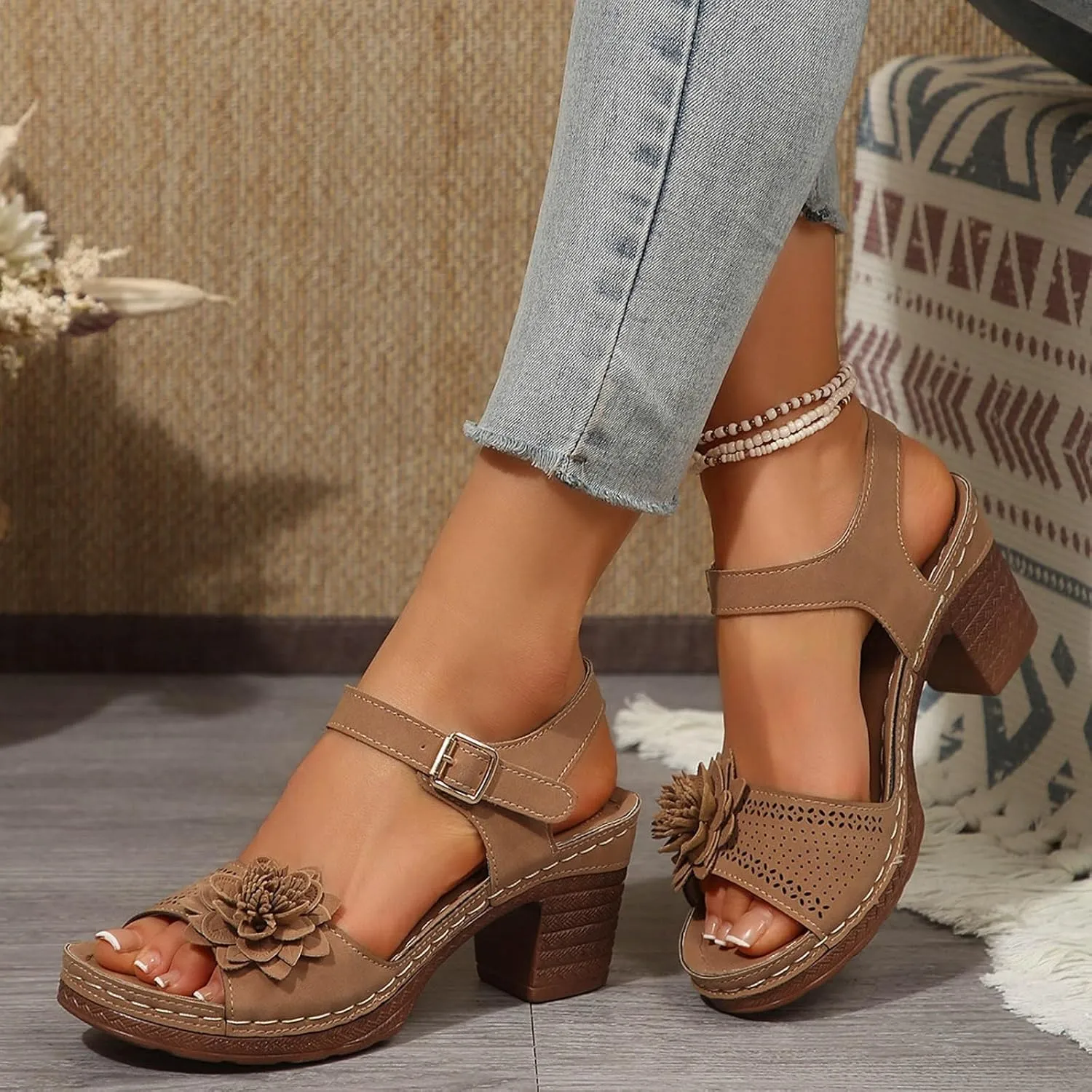 Womens Chunky Heel Dress Shoes Ankle Elastic Strap Elegant Formal Events Arch Support Open Toe Arch Support Comfortable Casual Summer Platform Wedge Slip Heels Shoes with 3D Flowers