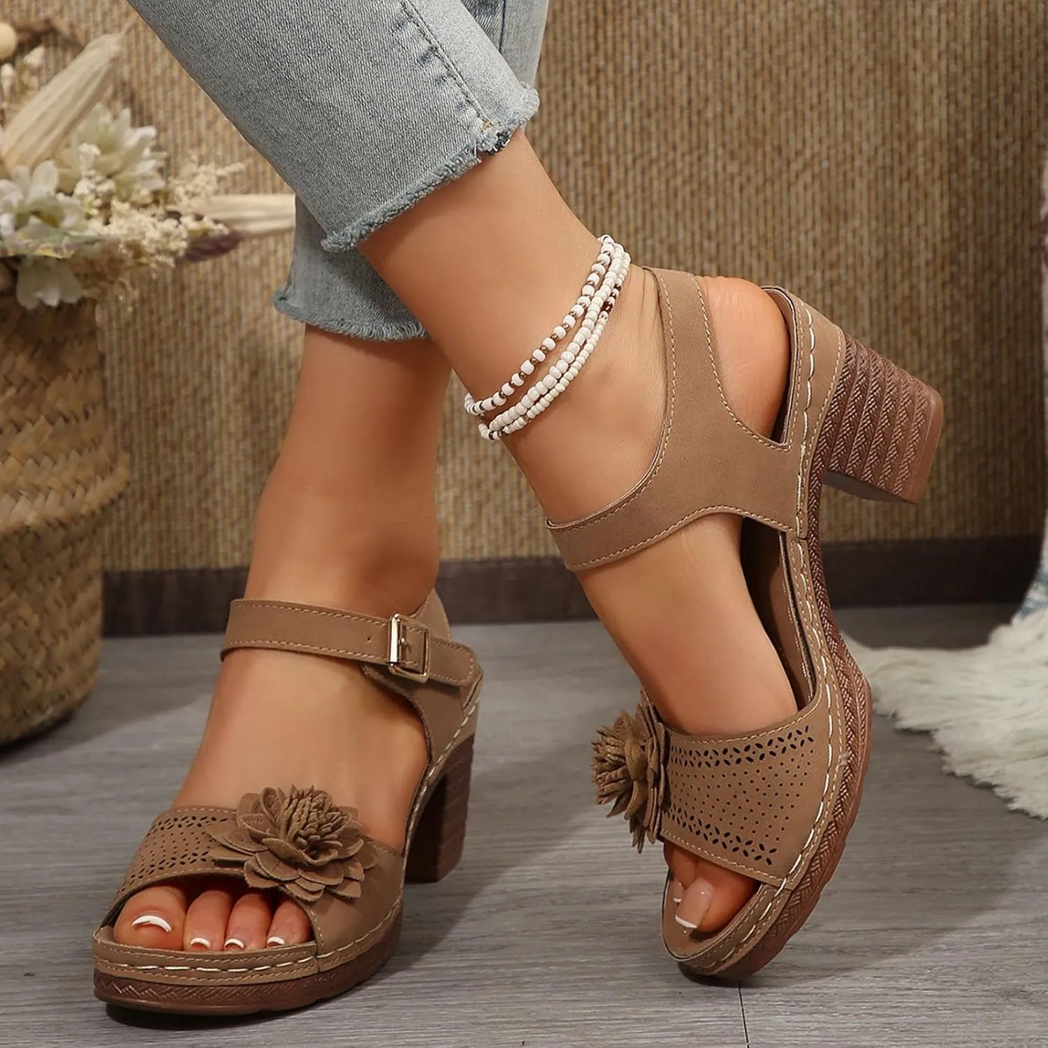 Womens Chunky Heel Dress Shoes Ankle Elastic Strap Elegant Formal Events Arch Support Open Toe Arch Support Comfortable Casual Summer Platform Wedge Slip Heels Shoes with 3D Flowers