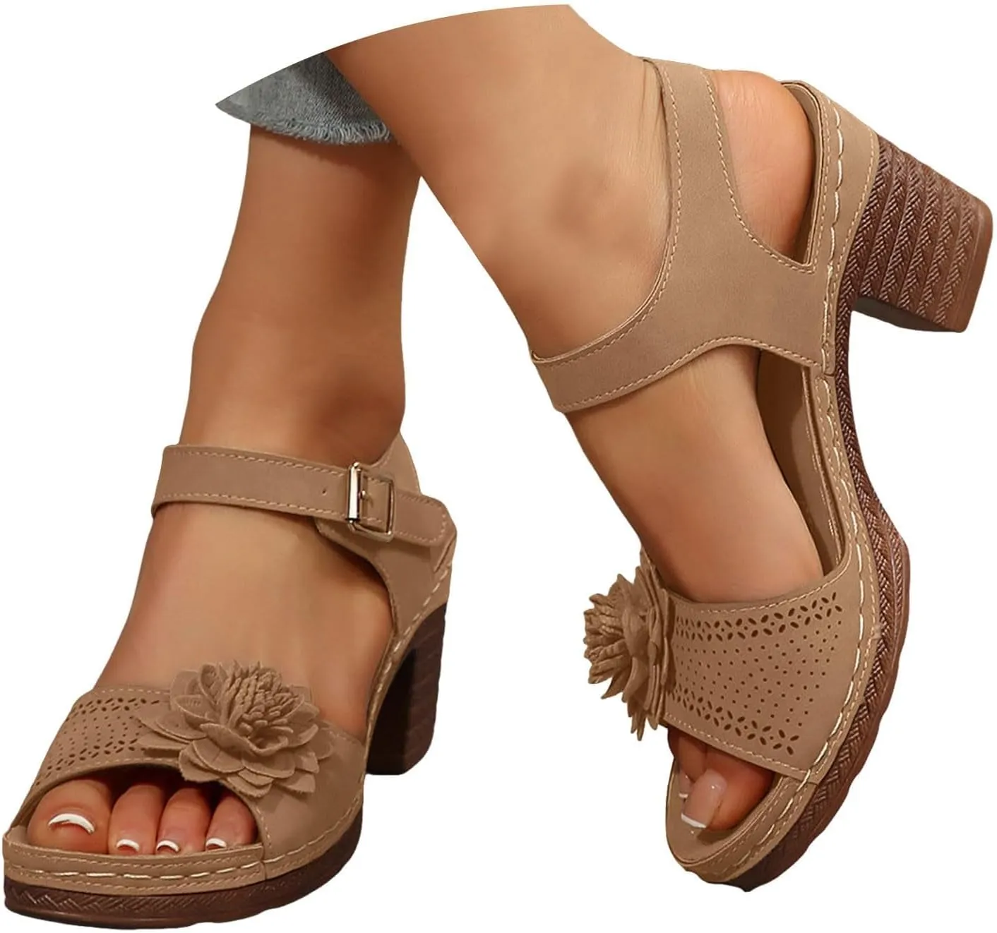 Womens Chunky Heel Dress Shoes Ankle Elastic Strap Elegant Formal Events Arch Support Open Toe Arch Support Comfortable Casual Summer Platform Wedge Slip Heels Shoes with 3D Flowers