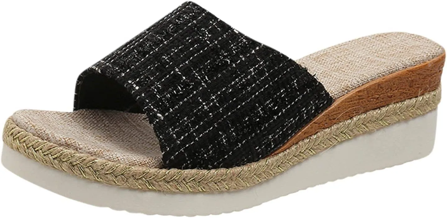Women's Colorblock Plaid Slipper Platform Wedge Slip on Sandals Summer Spring Slide Elegant Trendy Shoe
