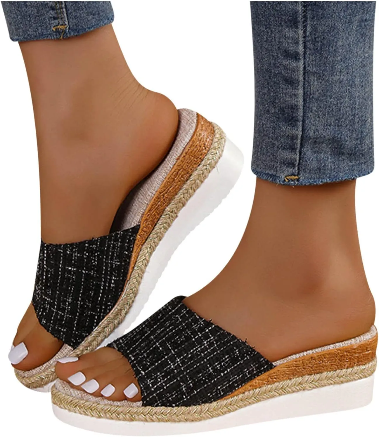 Women's Colorblock Plaid Slipper Platform Wedge Slip on Sandals Summer Spring Slide Elegant Trendy Shoe