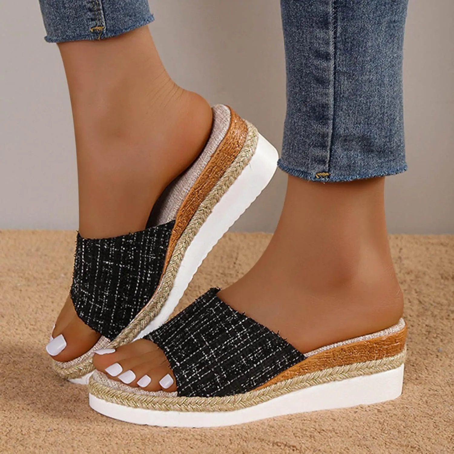 Women's Colorblock Plaid Slipper Platform Wedge Slip on Sandals Summer Spring Slide Elegant Trendy Shoe