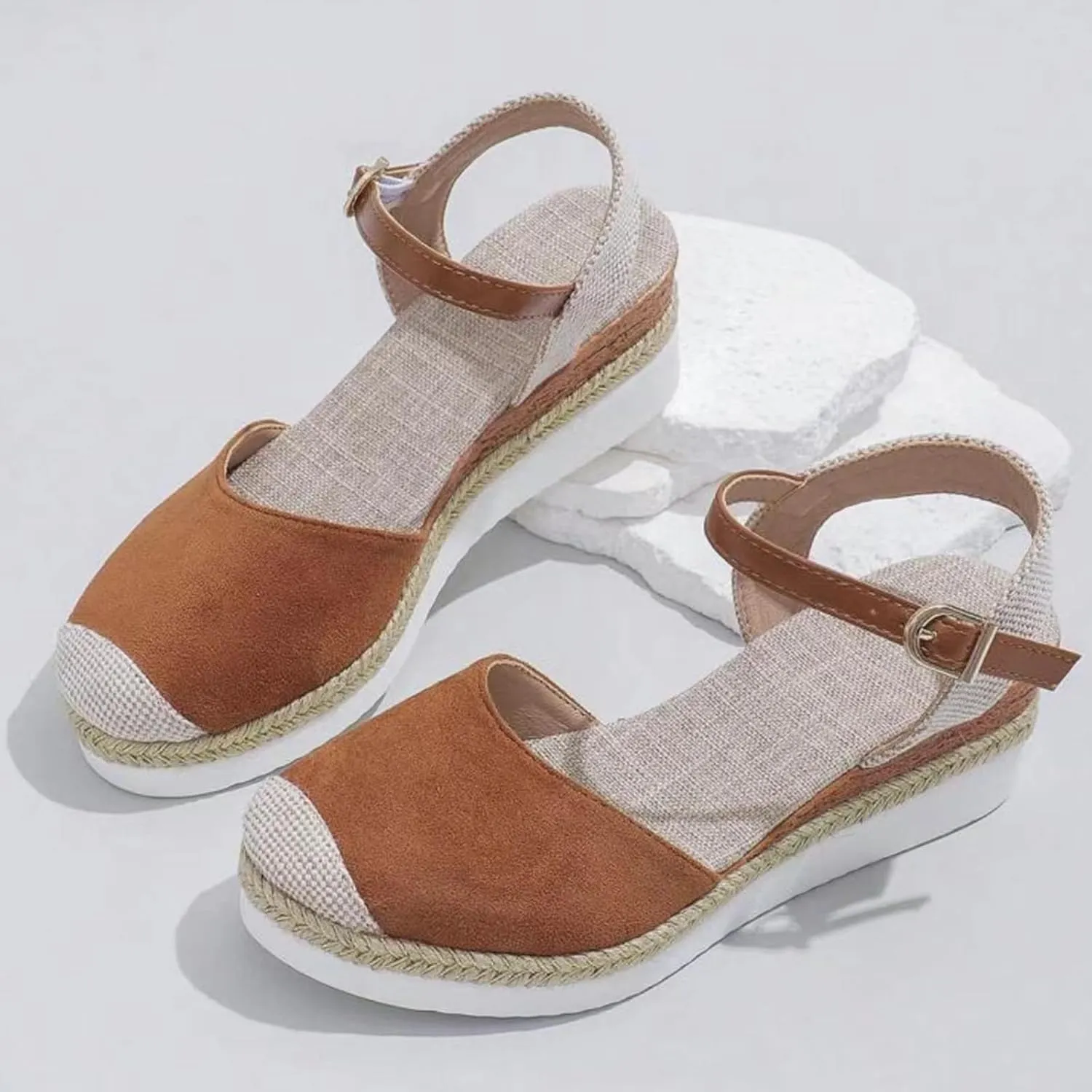 Womens Orthopedic Platform Wedge Sandals Espadrilles Comfortable Ankle Strap Adjustable Closed Toe Sandals Dressy Wedges Elegant Slip Shoes
