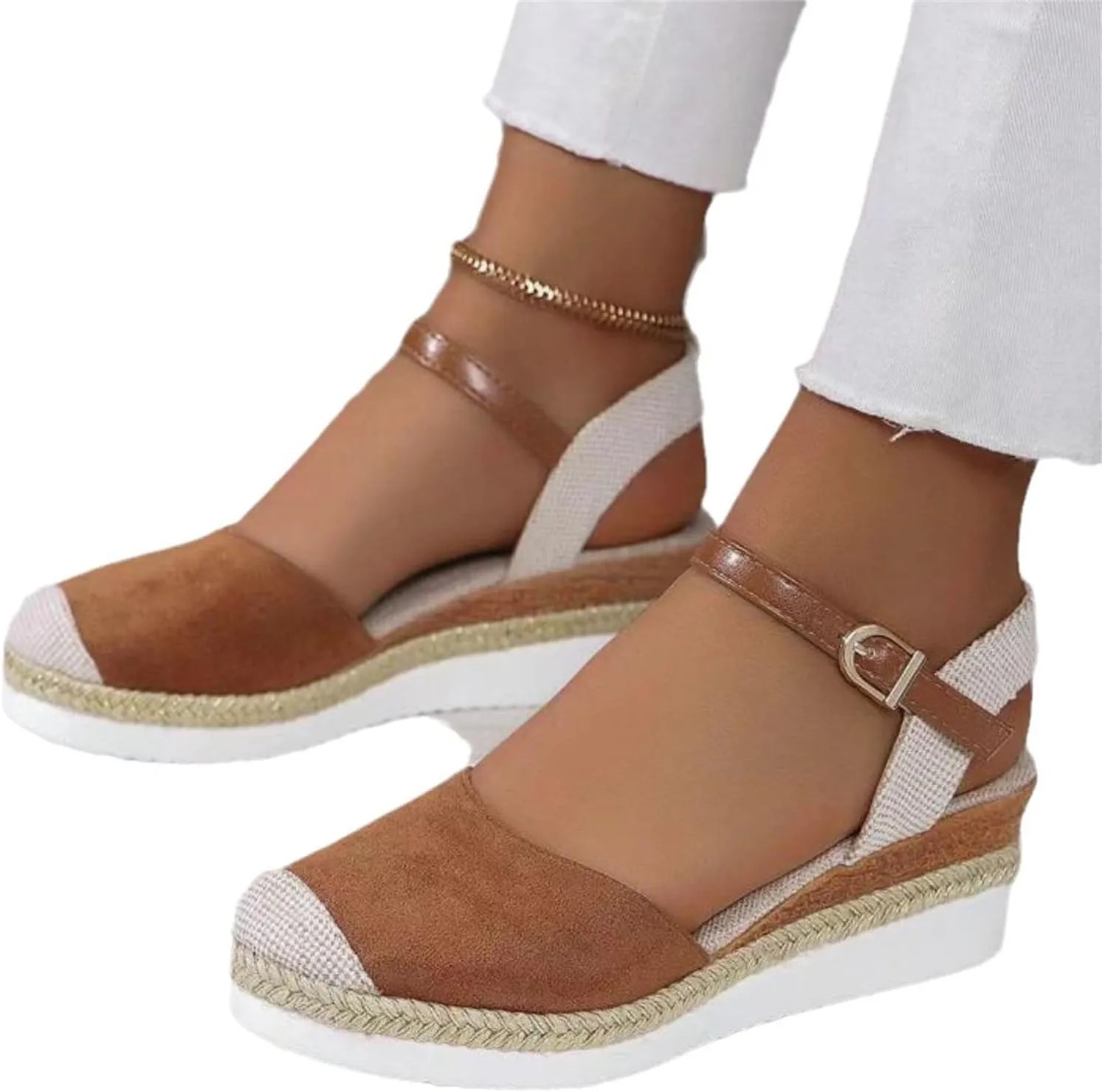Womens Orthopedic Platform Wedge Sandals Espadrilles Comfortable Ankle Strap Adjustable Closed Toe Sandals Dressy Wedges Elegant Slip Shoes