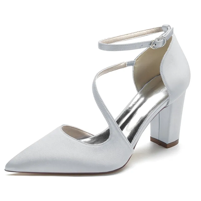 Women's Wedding Shoes Black Closed Toe Block Heel Crossed Straps Buckle Bridal Shoes