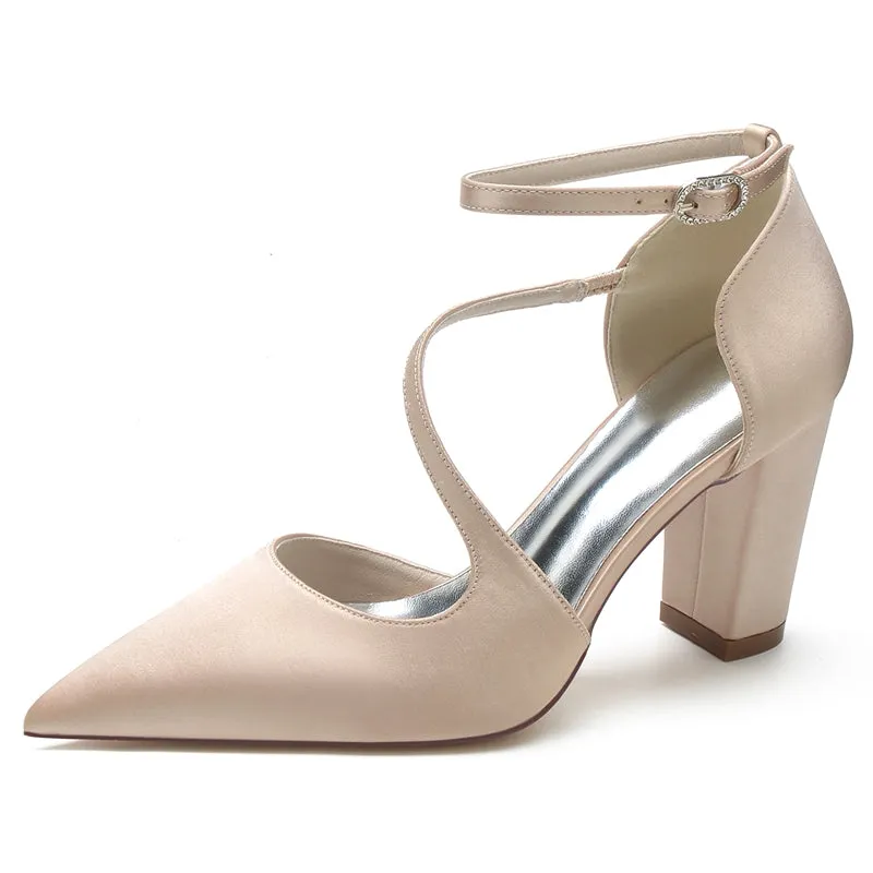 Women's Wedding Shoes Black Closed Toe Block Heel Crossed Straps Buckle Bridal Shoes