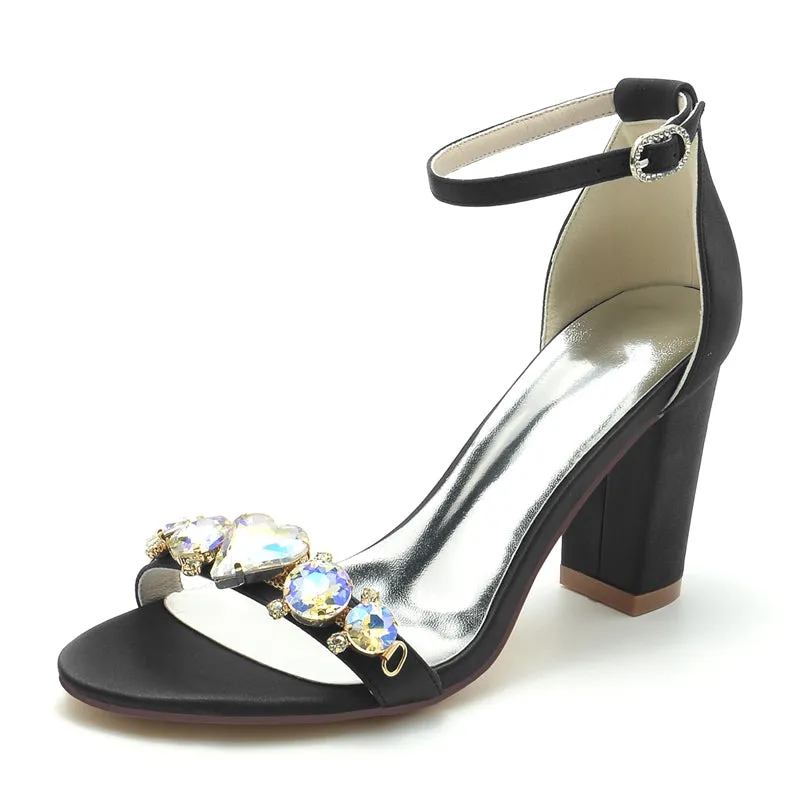 Women's Wedding Shoes Block Heel Opened Toe Buckle Bridal Shoes with Luxurious Crystal