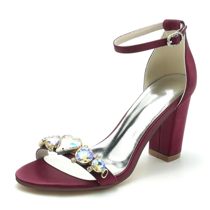 Women's Wedding Shoes Block Heel Opened Toe Buckle Bridal Shoes with Luxurious Crystal