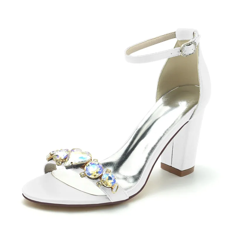 Women's Wedding Shoes Block Heel Opened Toe Buckle Bridal Shoes with Luxurious Crystal
