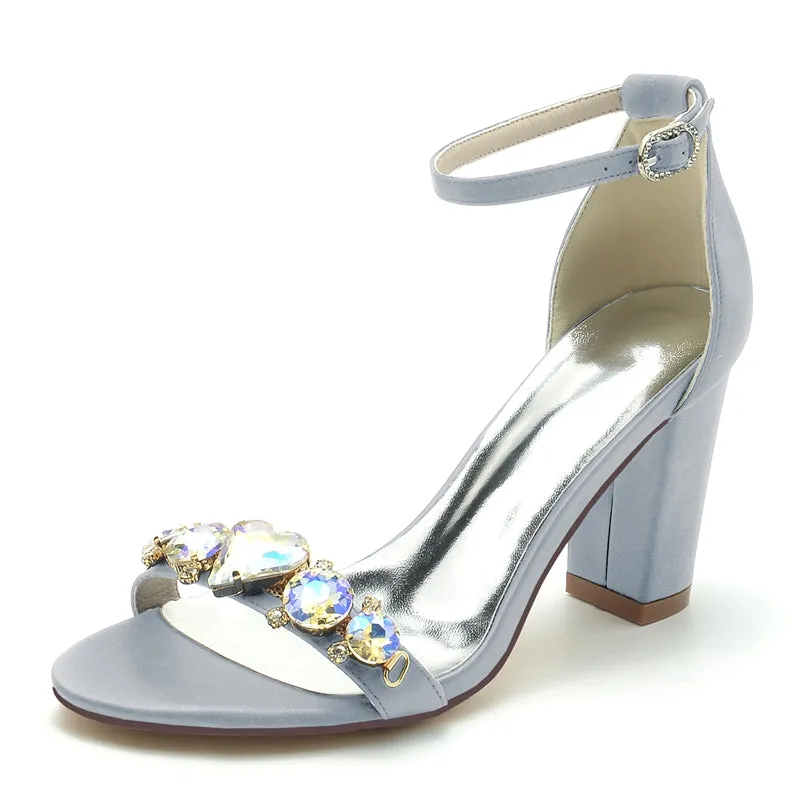 Women's Wedding Shoes Block Heel Opened Toe Buckle Bridal Shoes with Luxurious Crystal