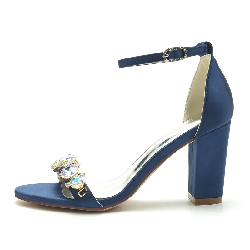 Women's Wedding Shoes Block Heel Opened Toe Buckle Bridal Shoes with Luxurious Crystal