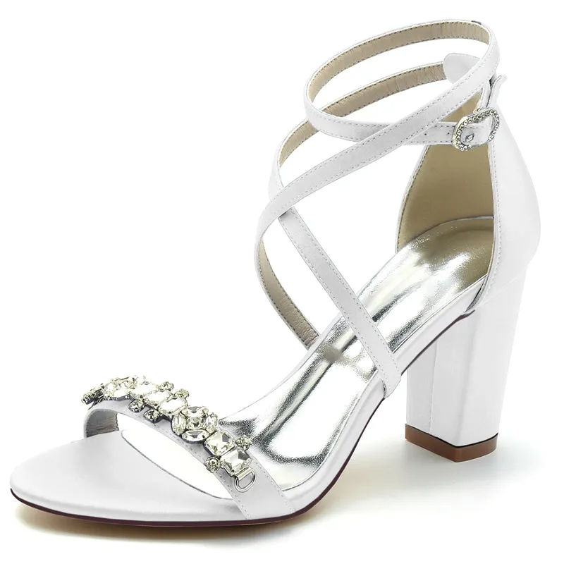 Women's Wedding Shoes Chunky Heel Crossed Strap Chic Buckle Bridal Shoes with Rhinestone