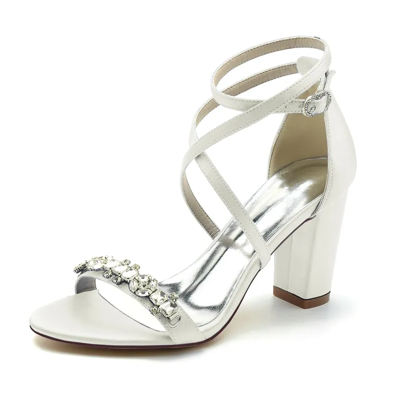 Women's Wedding Shoes Chunky Heel Crossed Strap Chic Buckle Bridal Shoes with Rhinestone