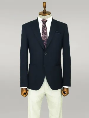 WSS Textured Slim Fit Peak Lapel Navy Blue Men Blazer  - Singen